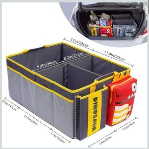 Car Trunk Organizer Storage Bin with Yellow Trim and Red Pouch